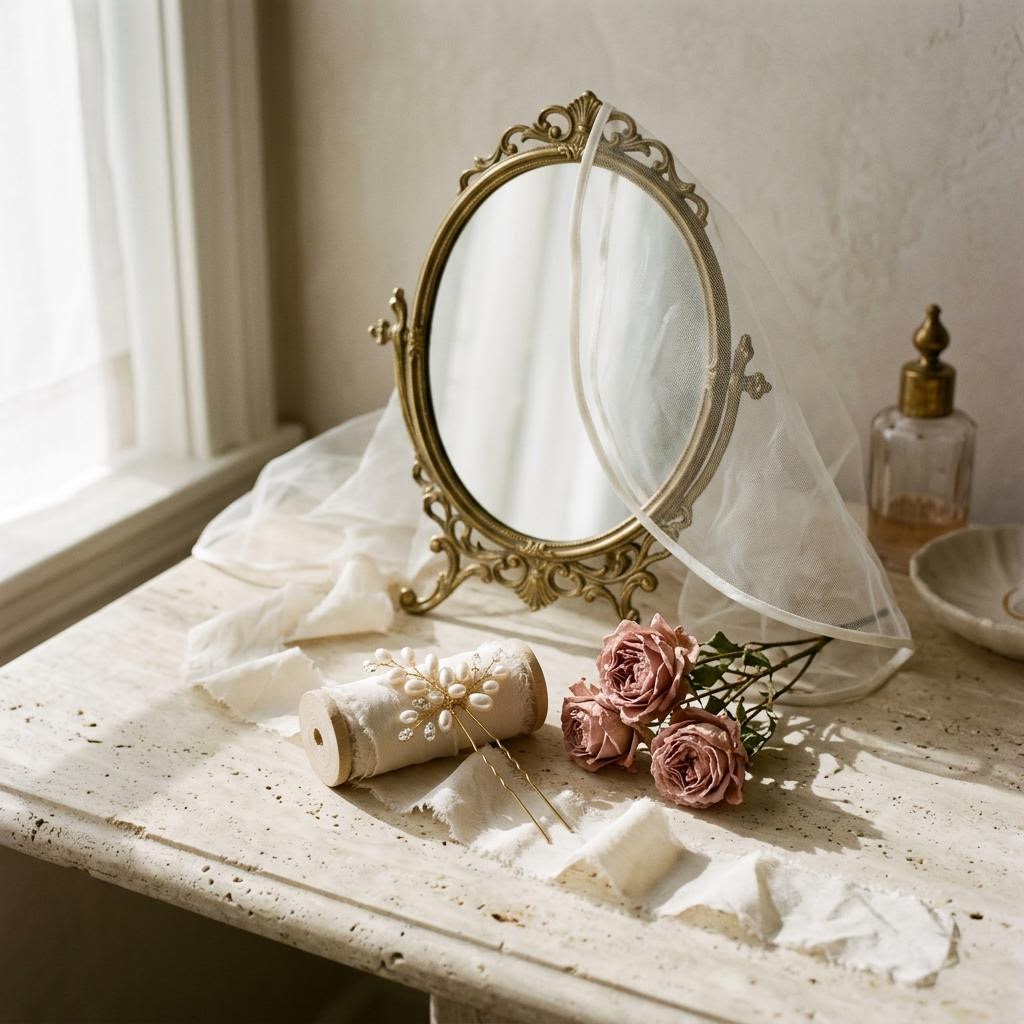 Conceptual bridal detail still life with pearl hair pin and ivory ribbon